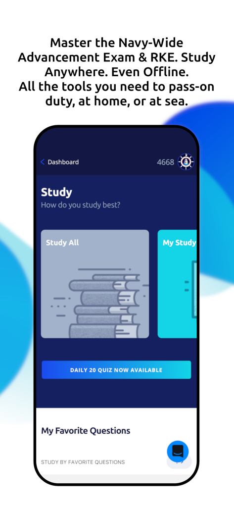 Bluejacketeer - Bluejacketeer mobile app dashboard showing Navy advancement exam study options and offline access information