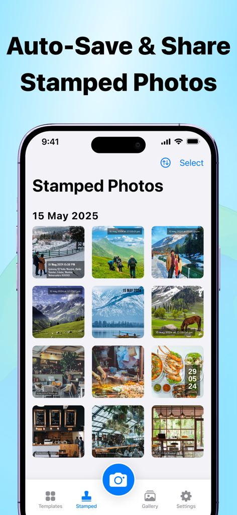 A gallery of photos on a smartphone with date and GPS location stamps