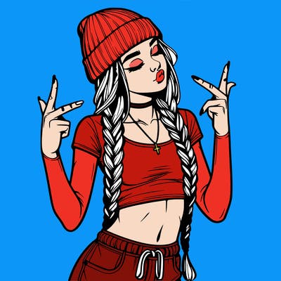 realistic teenage girl with braids and a beanie and crop top doing 🫶🏼
