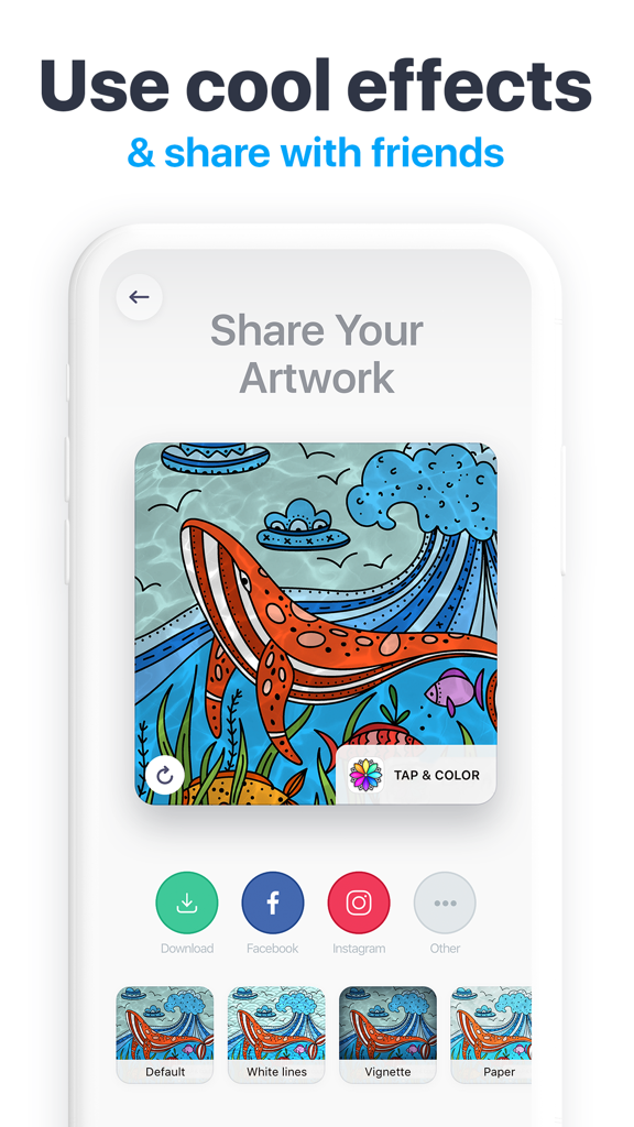 Tap & Color - Coloring book - Interface of the Tap and Color app showing sharing options and artistic effects for a finished whale illustration.