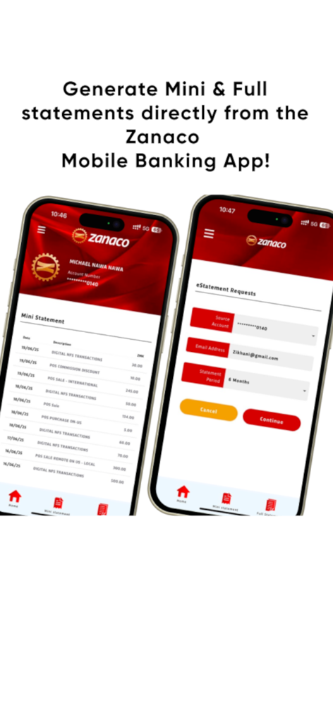 ZANACO Mobile - Zanaco mobile app interface for viewing mini statements and requesting e-statements.