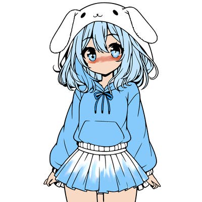 pretty anime girl wearing a fluffy hoodie with bunny ears on the hood and a skirt