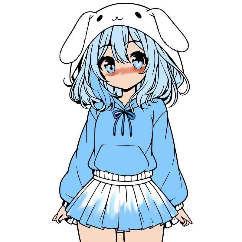 pretty anime girl wearing a fluffy hoodie with bunny ears on the hood and a skirt