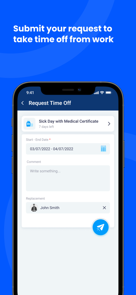 Spark.work mobile app interface for submitting a time off request