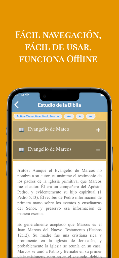 La Biblia de Jerusalén - Mobile screen of La Biblia de Jerusalen app showing Bible study text for the Gospel of Mark