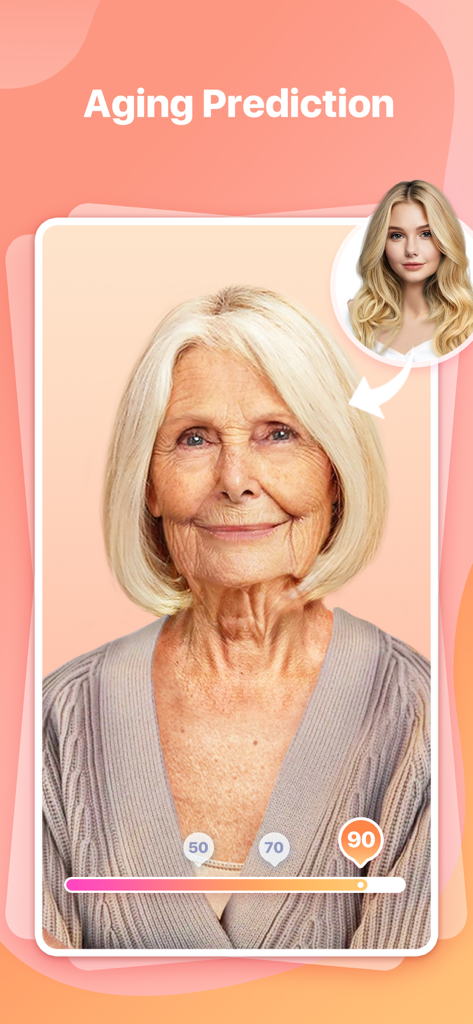 AI aging prediction feature showing a young woman transformed into a 90 year old woman