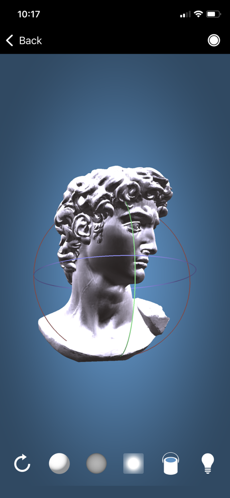 Emb3D 3D Model Viewer - 3D model of a classical bust being viewed in the Emb3D app with rendering and lighting tools.
