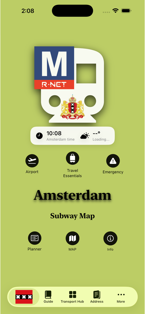 La pantalla de inicio de la aplicación Amsterdam Subway Map con iconos de navegación para mapas de metro, conexiones al aeropuerto y elementos esenciales de viaje.