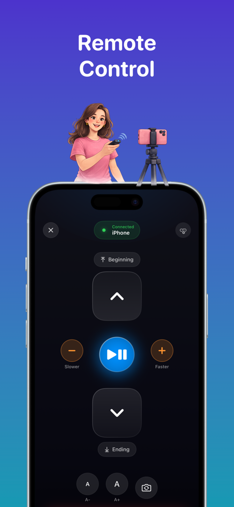 iPhone screen showing the remote control interface for the Teleprompter App with scroll and speed adjustment buttons