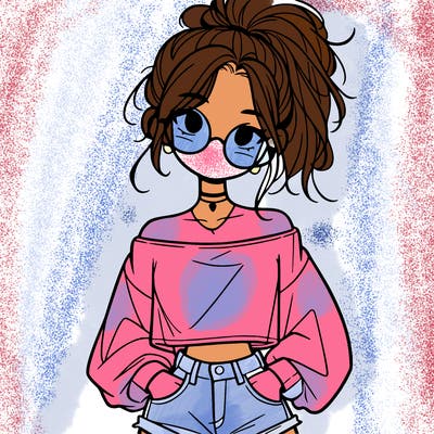 girl with a messy ponytail glasses a baggy crop top and jean shorts