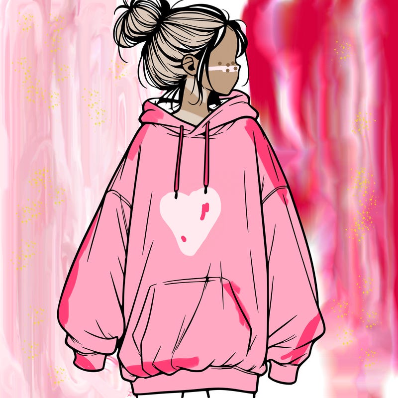 realistic girl with a oversized sweatshirt on and a bun