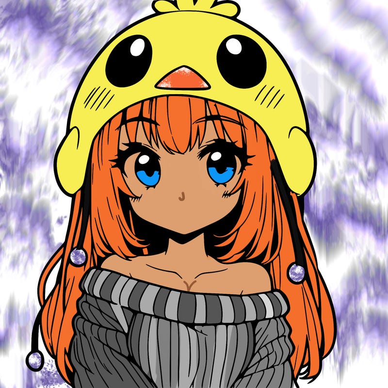anime girl with chick shaped hat with sweater with bare shoulders with bangs covering them one eye with low tail