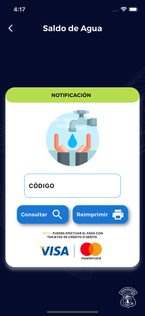Consultas Mixco - Water balance inquiry screen for the Consultas Mixco app featuring a code input field and payment logos.