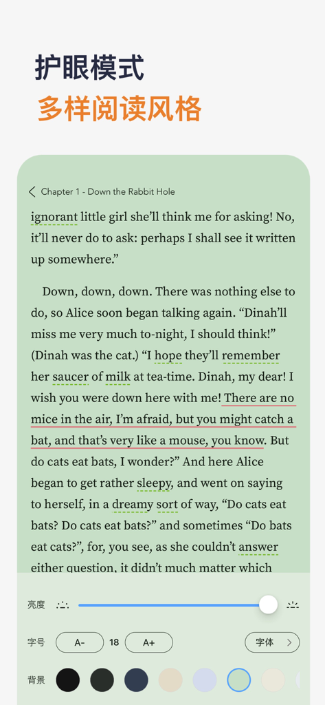 Hippo Reader app interface showing eye care mode and customizable reading styles for English text