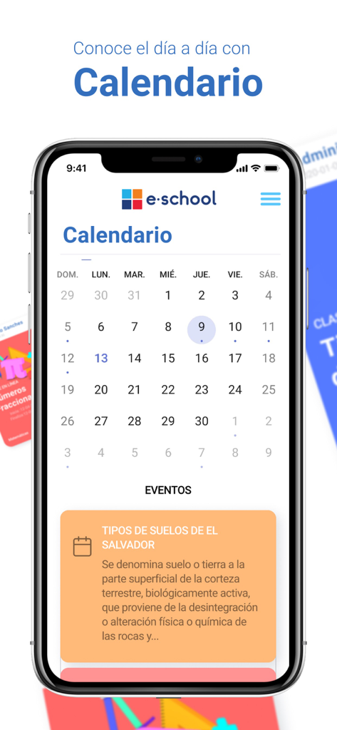 eschool padres - Pantalla de iPhone mostrando la función de calendario y los detalles de los eventos escolares en la aplicación eschool padres