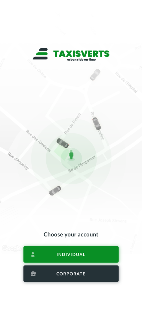 Taxis Verts Brussels - Écran de sélection de compte Taxis Verts Bruxelles avec des options pour les utilisateurs Individuels et Entreprises sur une interface de carte