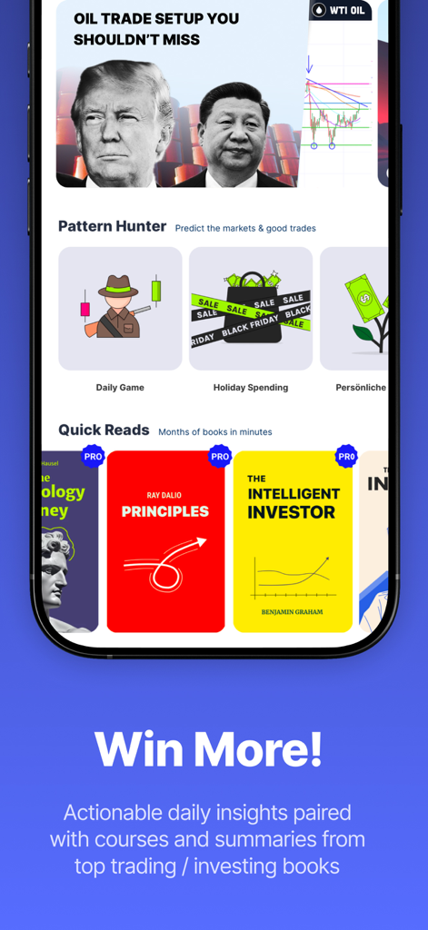 Trading Game app interface showing daily market insights and finance book summaries