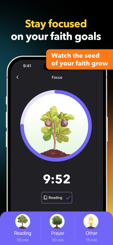 Faithe app interface showing a focus timer with a growing plant to track Bible study and prayer goals.