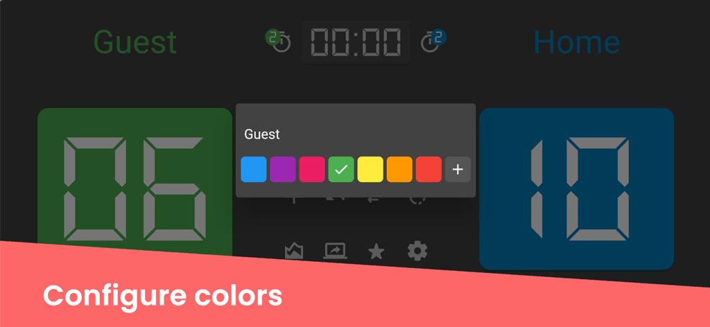 Volleyball scoreboard app interface showing a color selection palette to customize team colors.