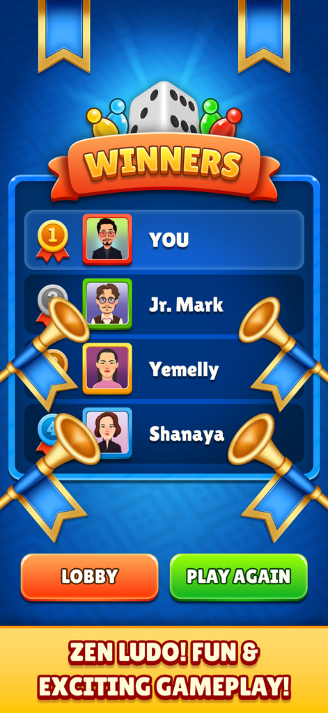 Zen Ludo - Pantalla de la tabla de clasificación de ganadores de Zen Ludo mostrando las clasificaciones de los jugadores y la celebración de la victoria
