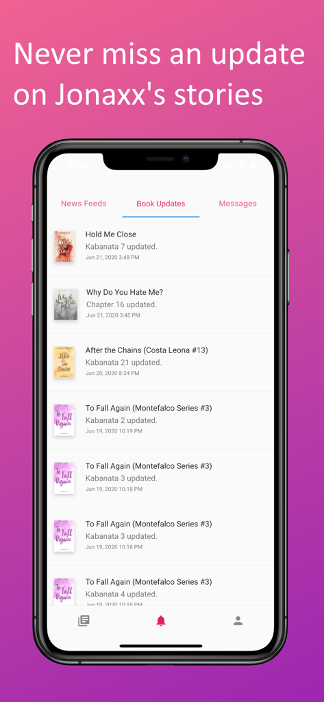 Jonaxx Stories - Jonaxx Stories mobile app screen showing a list of recent book updates and new chapter notifications.