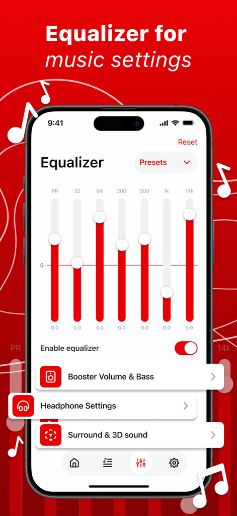 Smartphone-Bildschirm mit einem Equalizer mit einstellbaren Frequenzreglern und Lautstärke-Booster-Optionen