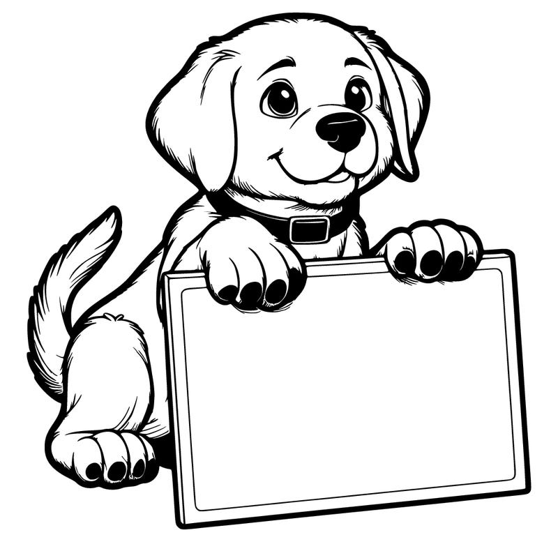 realistic dog putting its paws on a blank sign from behind