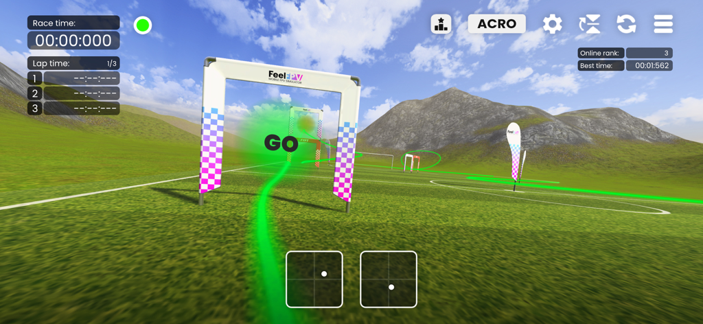 FeelFPV - Jugabilidad del simulador de drones FeelFPV que muestra un dron compitiendo a través de una puerta a cuadros en un campo con montañas