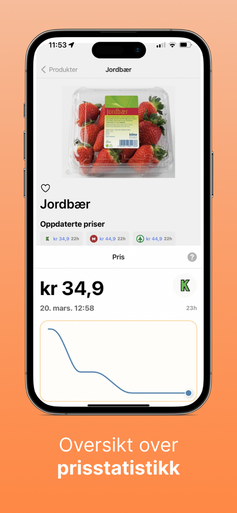 Interfaz de la aplicación Prisjegere que muestra un gráfico del historial de precios y comparaciones de comestibles de fresas
