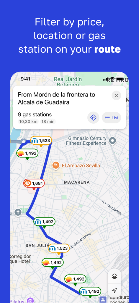 Pantalla de la aplicación móvil GasAll mostrando una ruta de conducción en un mapa con gasolineras cercanas y sus precios de combustible actuales.