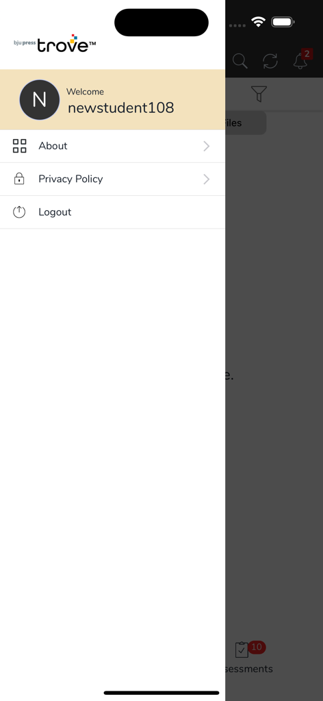 BJU Press Trove - BJU Press Trove mobile app side navigation menu with student account settings