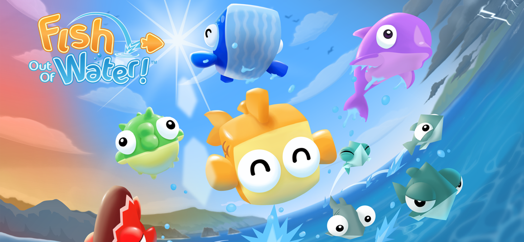 Fish Out Of Water! - Colorful cartoon fish characters jumping and flying over a bright blue ocean in Fish Out Of Water