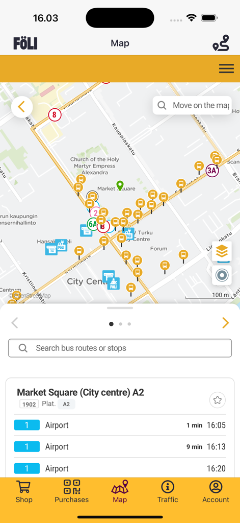 Foli app map interface showing bus stops and real time bus departures in Turku city centre