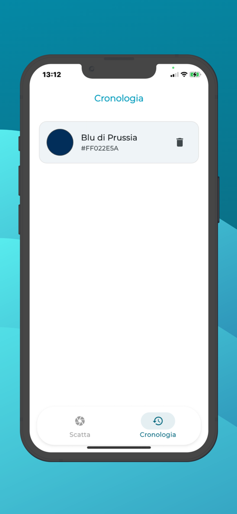 Smartphone interface showing the color history screen with a saved Prussian Blue entry and its hex code