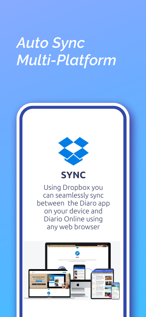 Interfaz de la aplicación Diaro que muestra la sincronización multiplataforma con Dropbox en dispositivos móviles y web