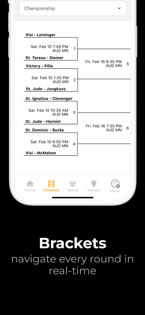 Exposure Events - Exposure Events app showing a real-time sports tournament championship bracket with team matchups and schedules