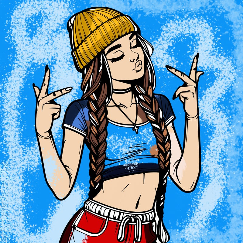 realistic teenage girl with braids and a beanie and crop top doing 🫶🏼