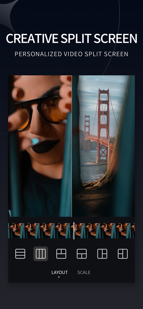 Creative split screen interface in the Video Retouch app showing side-by-side video editing with a portrait and a bridge landscape.