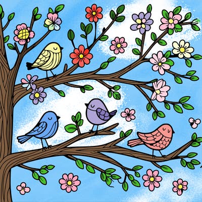 tree branches with birds and flowers