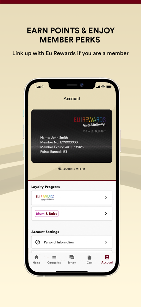 Eu Yan Sang - Screenshot of the Eu Yan Sang app account page showing the EU Rewards digital membership card and loyalty program points.