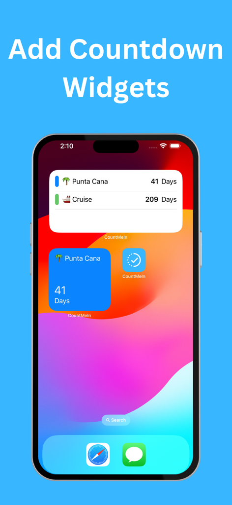Count Me In: Shared Countdowns - 휴가 및 여행 이벤트를 위한 감각적인 카운트다운 위젯을 보여주는 iPhone 홈 화면