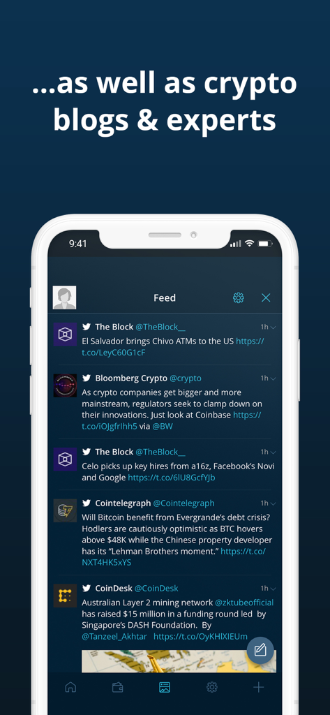 HODL app showing a real time feed of crypto news and expert social media posts