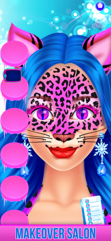An ice princess character with pink leopard face paint and kitty ears in a makeover salon