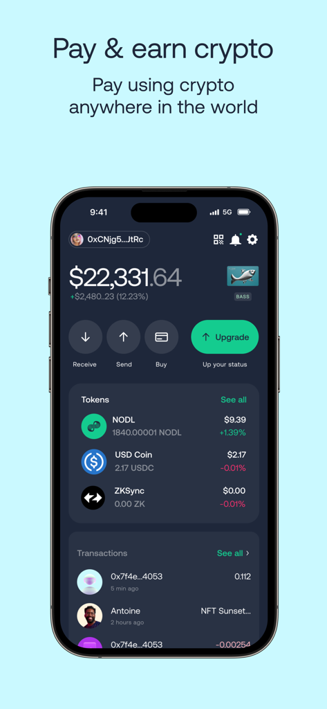 Nodle Cash Wallet app interface showing cryptocurrency balance and transaction history