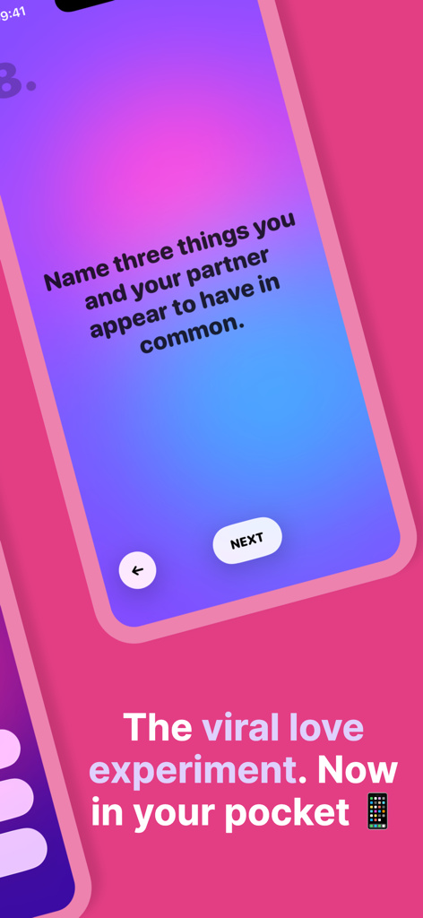 36 Questions To Fall In Love! - Una pantalla morada y rosa de la aplicación 36 Questions To Fall In Love con una pregunta para construir relaciones para parejas