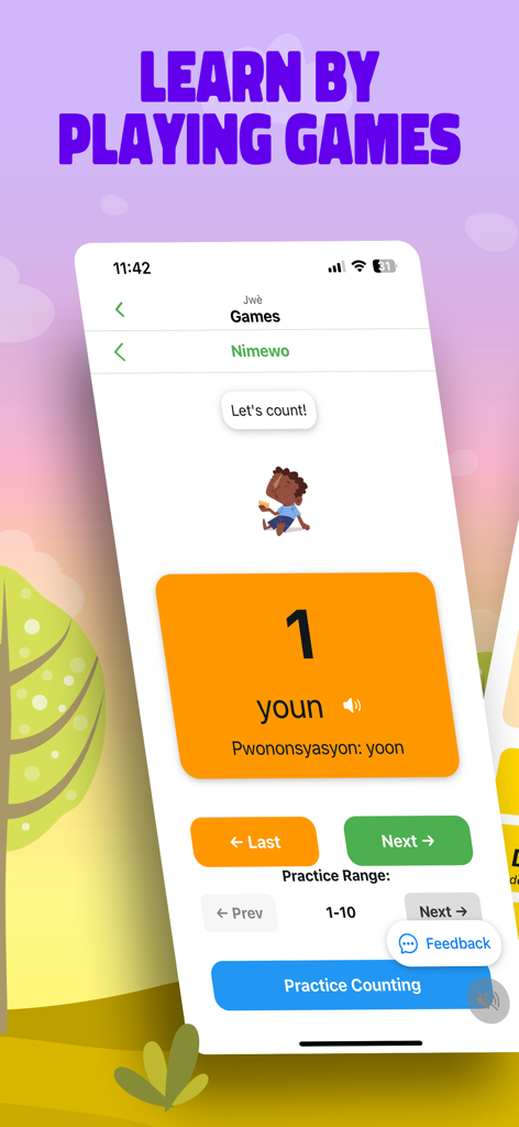 Learn Creole with Jorge - Jeu de comptage interactif dans l'application 'Apprendre le Créole avec Jorge' montrant le nombre un en créole haïtien.