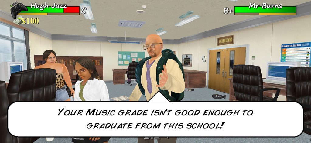 Old School 3D - A character in Old School 3D receives a dialogue message about their music grade being too low to graduate