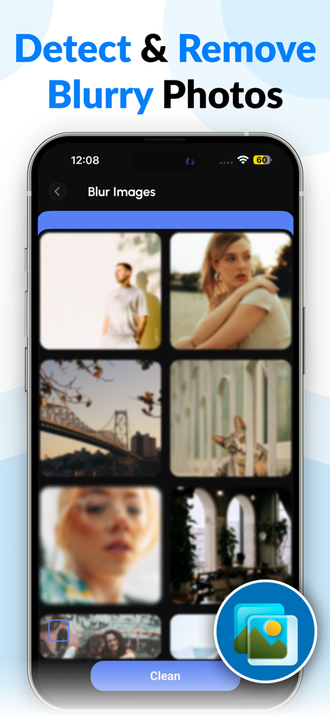 CleanerZ: Clean Phone Storage - Captura de pantalla de la interfaz de la aplicación CleanerZ que muestra una función para detectar y eliminar fotos borrosas de la galería de un teléfono inteligente