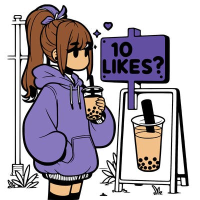 girl with oversized hoodie drinking boba and she has a high ponytail with a sign that says 10likes?