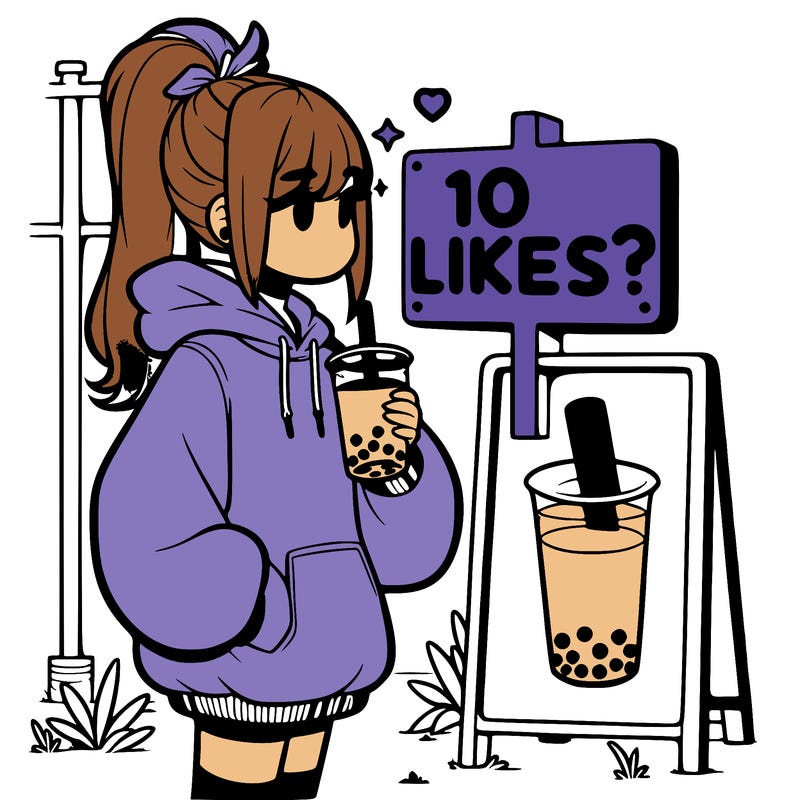 girl with oversized hoodie drinking boba and she has a high ponytail with a sign that says 10likes?
